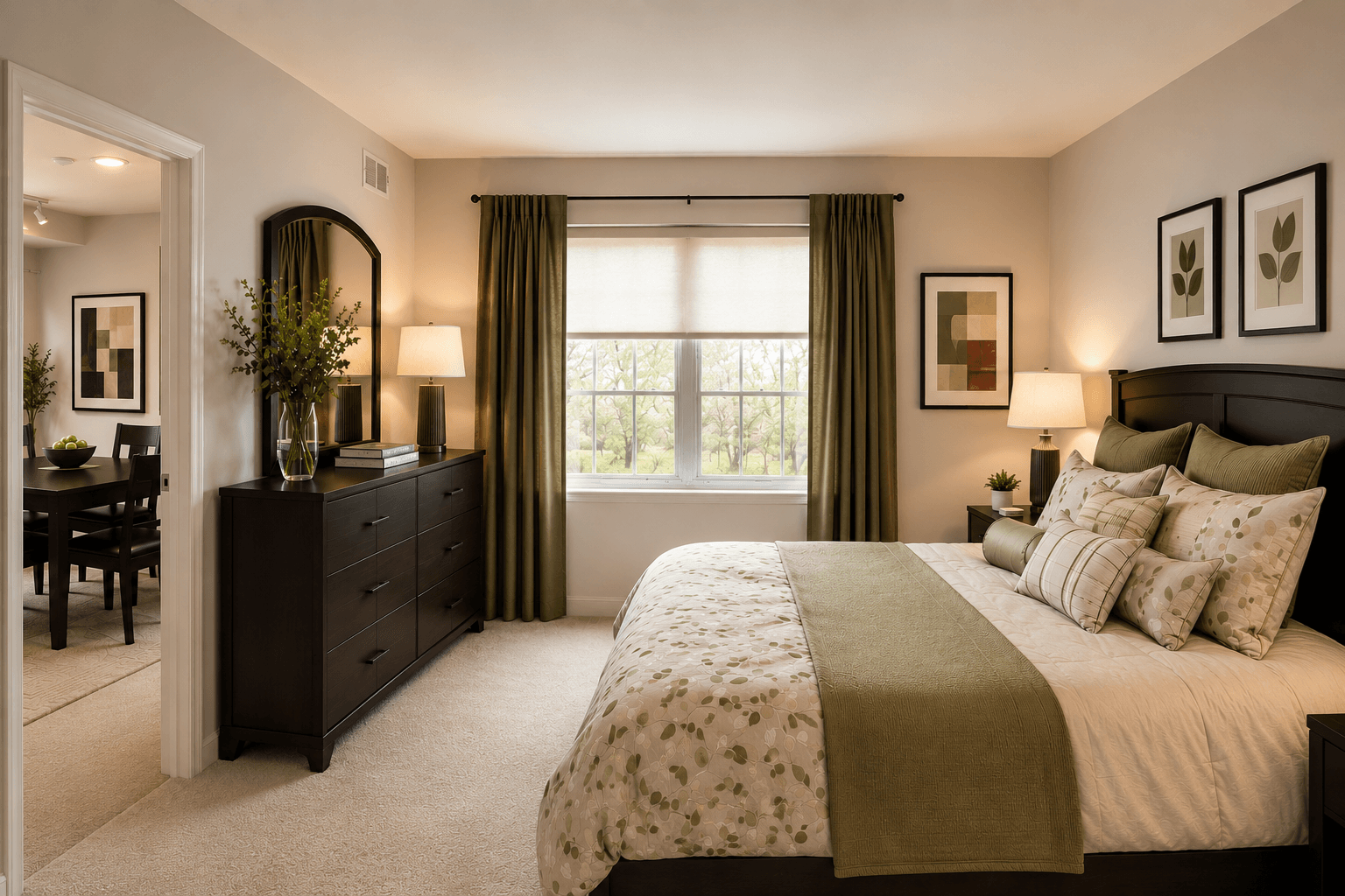 A bedroom with a large bed and a window with curtains.